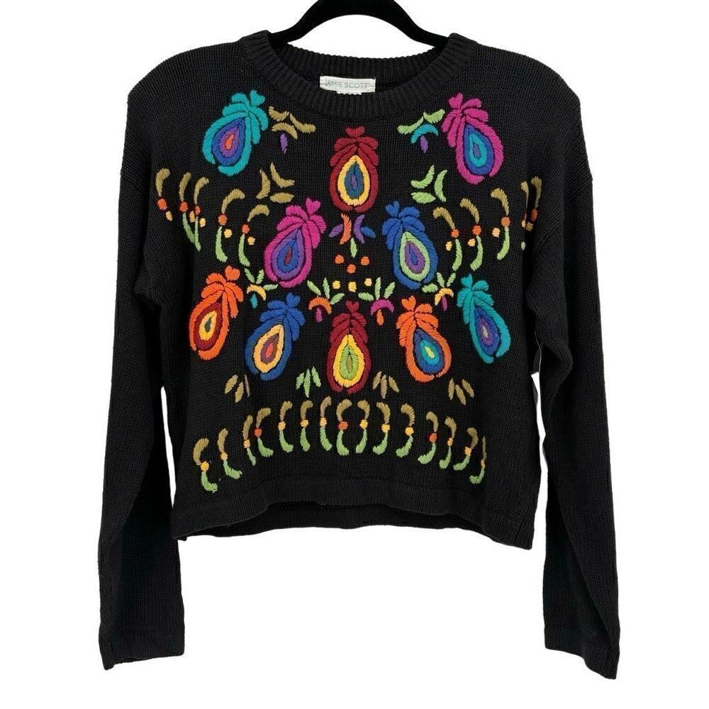 Jamie Scott Vintage Floral Embroidered Crew Neck Cropped Sweater Small Black NWT - Picture 2 of 7